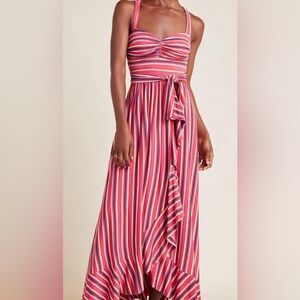 NWOT Maeve by Anthropologie Gabriella Ruffle Maxi Dress Striped Pink XS